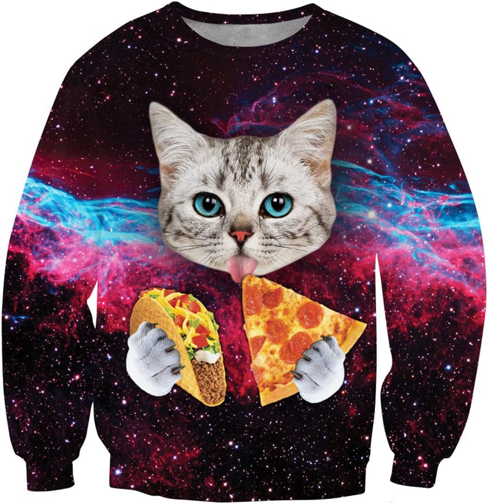 East Love Women Emoji Monkey Print 3d Pullover Sweater Crewneck Sweatshirt (Pizza cats)