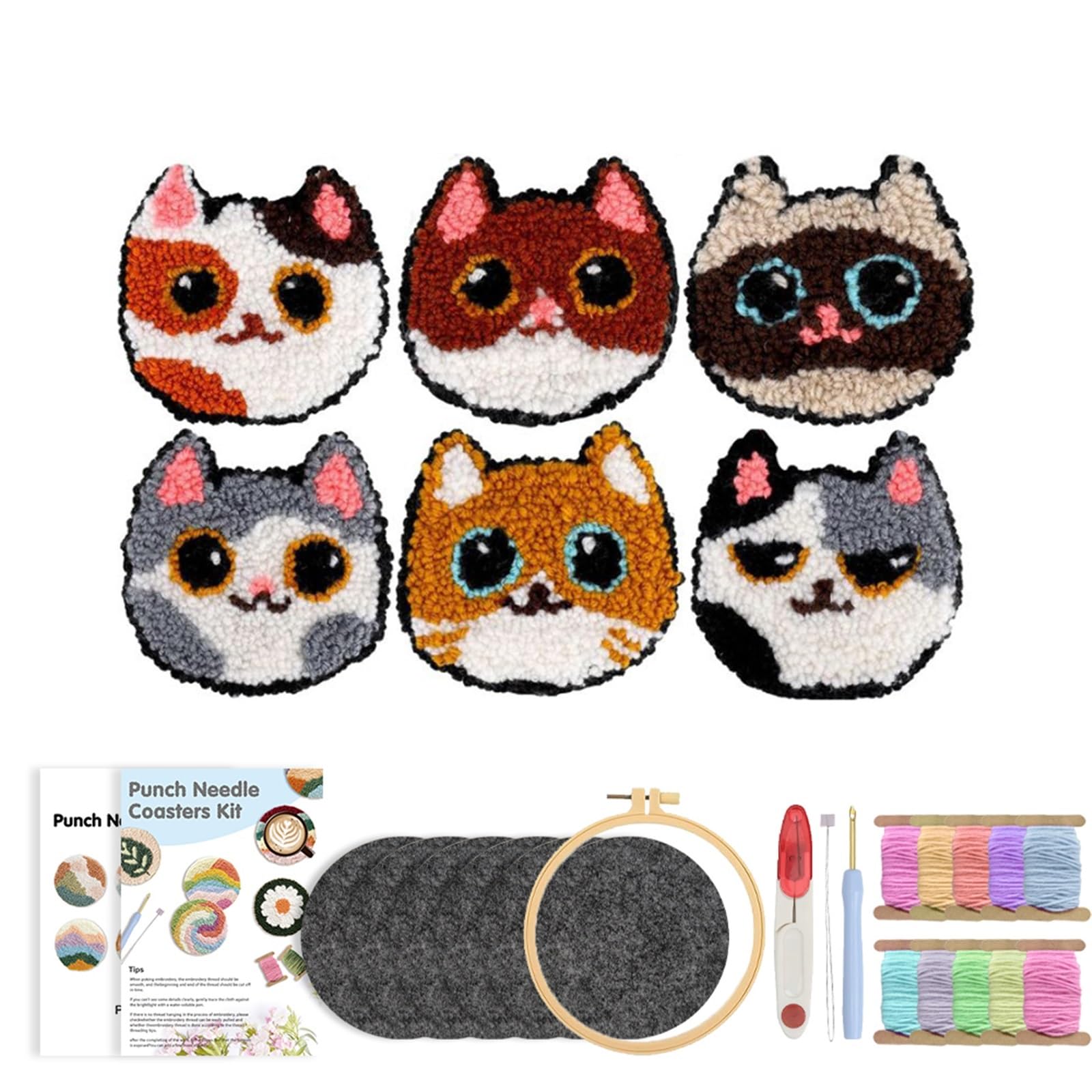 1set Punch Needle Coaster Kit Yarns and Sewing Coasters Kits for Beginners DIY Tufted Rug Pads with Adhesive Felt Embroidery for DIY(Color6)