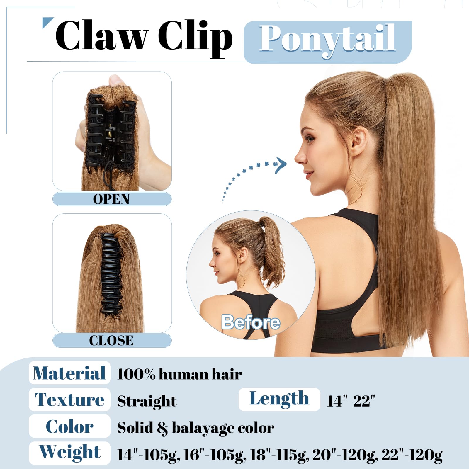 SEGO Coda Capelli Veri Clip Pinza Coda di Cavallo Ponytail Extensions Remy Human Hair Lisci Fascia Unica 40cm 105g - # Castano Chiaro