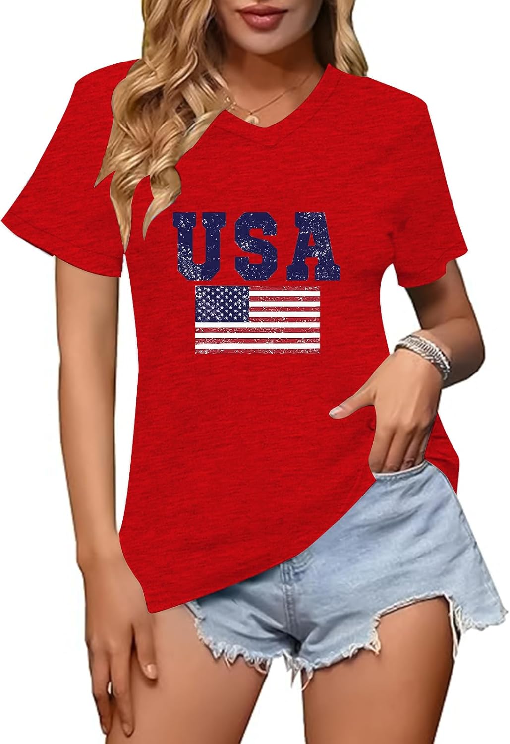 USA Shirts for Women 4th of July V Neck T Shirt Patriot Graphic Tee Casual Short Sleeve Tops - Image 3