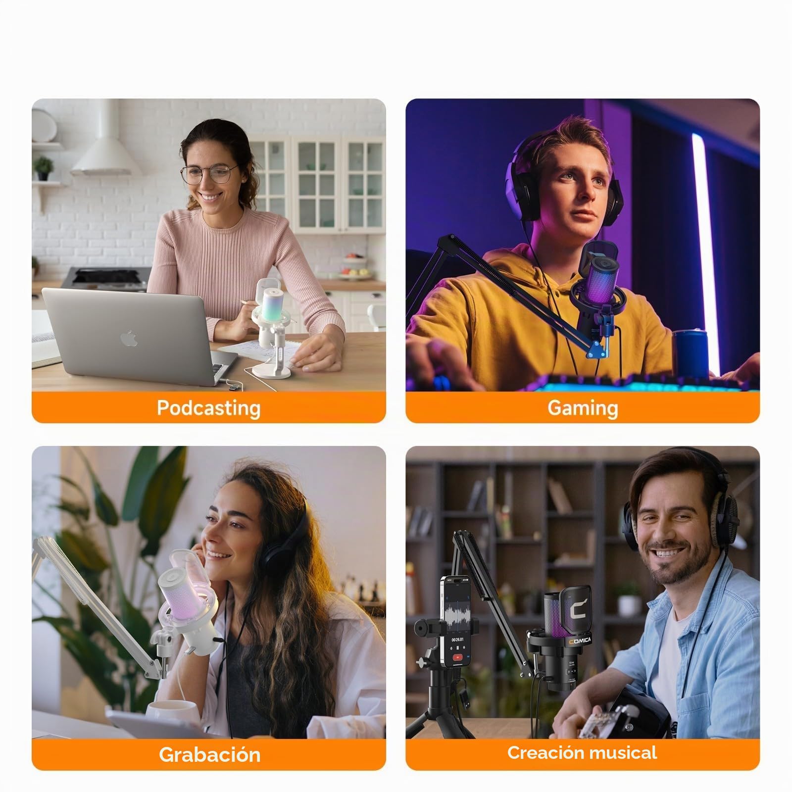comica EJoy Uni A-Micrófono USB Blanco para computadora y teléfono Inteligente, micrófono de Condensador cardioide RGB para Juegos para podcasting, transmisión por secuencias, con Soporte para Brazo