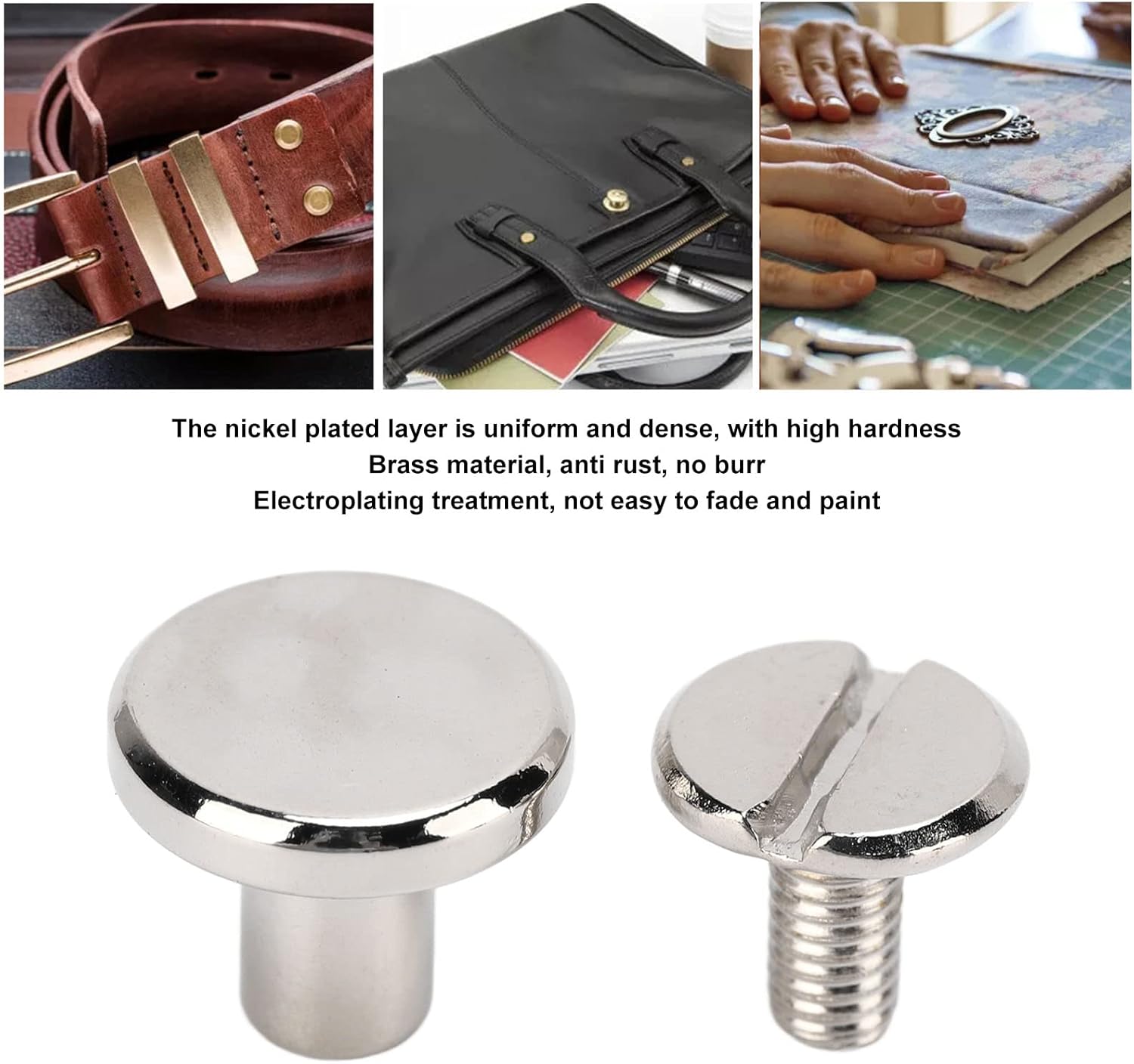 200 Sets Chicago Screws, Book Binding Screws Assorted Kit, 9.5x8mm Brass Leather Screw Rivets with Round Head, Uniform Coating Copper Rivets Fasteners for DIY Leather Craft and Boo (Silver)