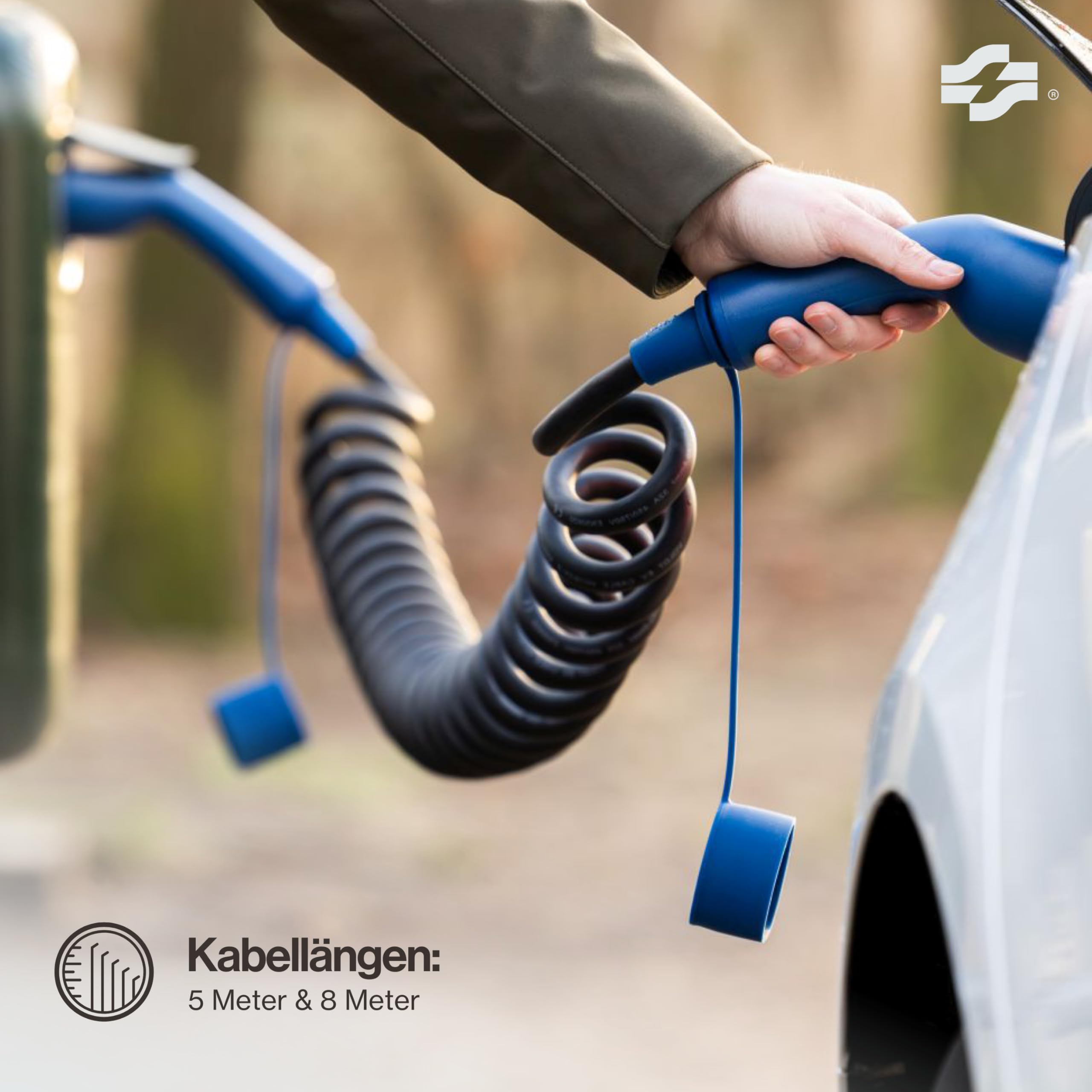 VOLDT Typ 2 Spiralladekabel 11 kW 16A, 3-Phasen für EV Elektrofahrzeuge PHEV, Typ 2 zu typ2 Modus 3, kompatibel mit Tesla Model S/X/Y/3, ID.4, E-Tron, e-208, I4, IX1, Zoe, IP67 wasserdicht (5 Meter)