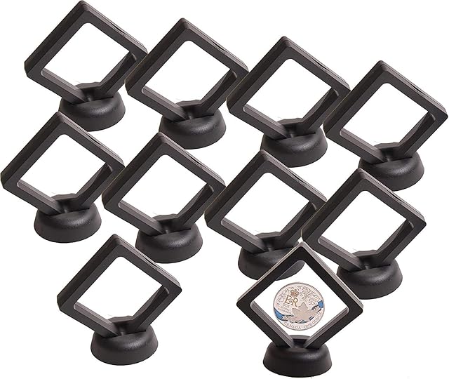 foci cozi Coin Display Box - Set of 10 3D Floating Frame Display Holder with Stands for Challenge Coins, AA Medallions, Jewelry, Black, 2.75 x 2.75 x 0.75 Inches
