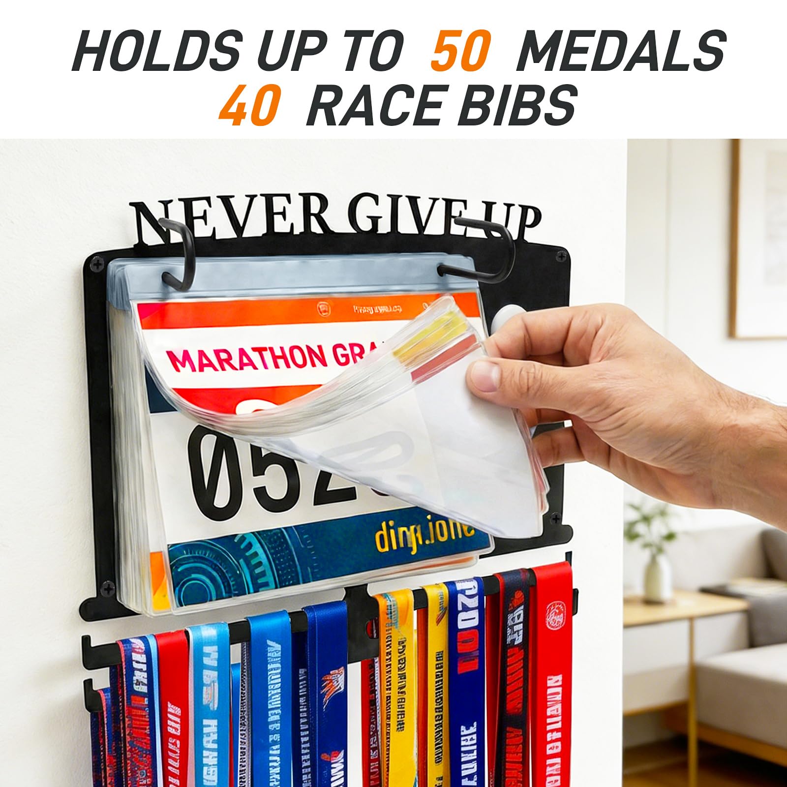 Medaillenhalter, Medaillenaufbewahrung mit 10 Startnummern, Aufhänger Edelstahl für 50+ Medaillen, Marathon Medal Hanger Laufen Regal für Sportler
