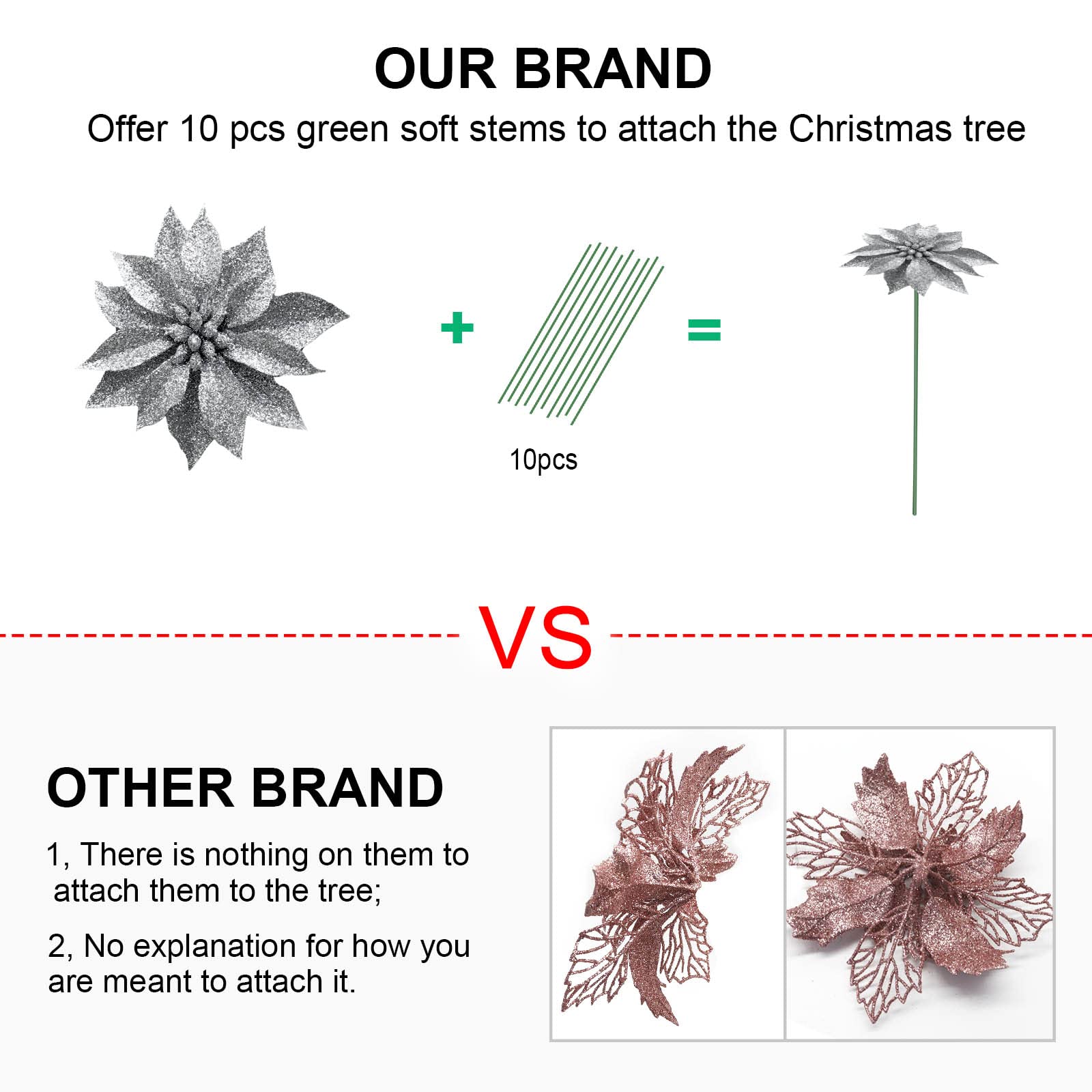 Yueshop 10 Pcs Glitter Christmas Flowers with Artificial Poinsettia Flower Christmas Tree Flower Decorations Xmas Tree Ornaments (White - Image 4