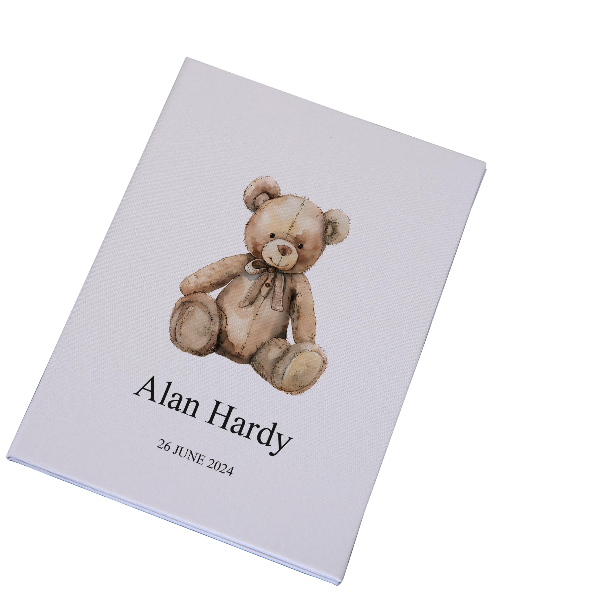 Personalised Baby Certificate Holder with Linen Cover, A4 Photo Space, Customisable Name and Date (Teddy Design)