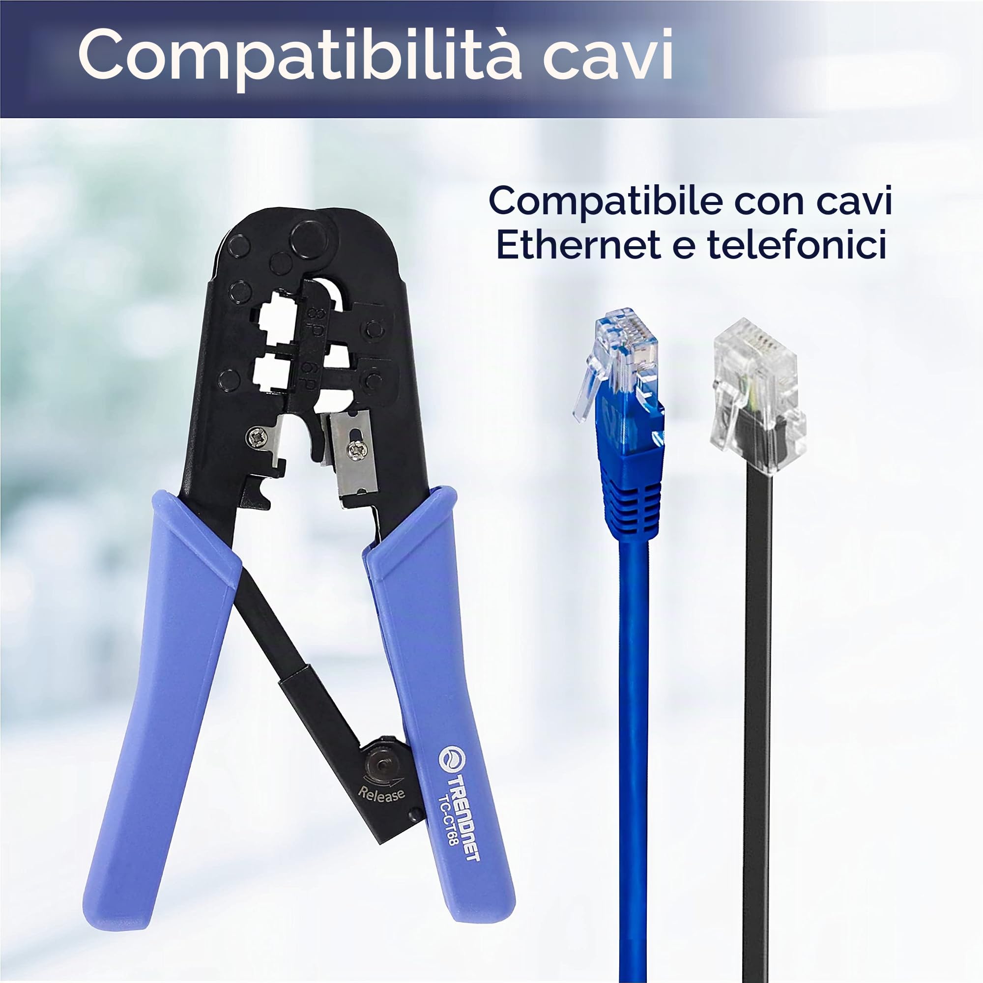 TRENDnet, TC-CT68, Pinza Crimpatrice Professionale, Per qualsiasi cavo Ethernet o telefonico, taglierina e spelafili integrati