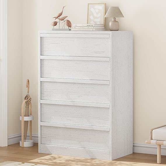 GarveeHome 5 Drawer Dresser for Bedroom, White 5 Chest of Drawers Tall with Large Drawers Storage, Modern Dresser Organizer for Living Room, Nursery, Entryway