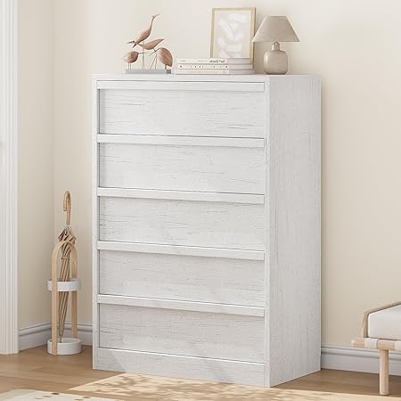 GarveeHome 5 Drawer Dresser for Bedroom, White 5 Chest of Drawers Tall with Large Drawers Storage, Modern Dresser Organizer for Living Room, Nursery, Entryway