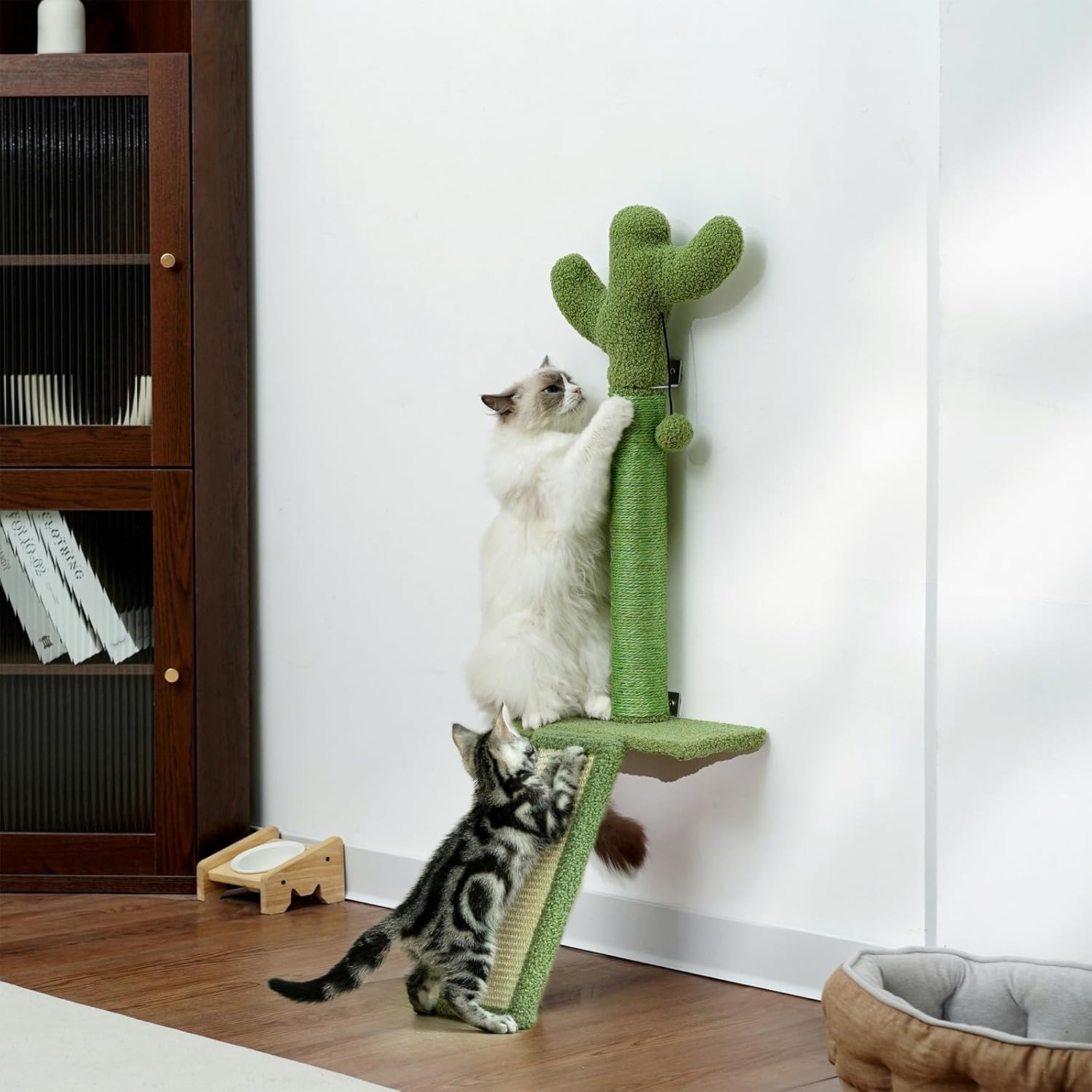 Wall Mounted Cat Scratcher with Jump Platform – Tall, Stable Cat Wall Furniture with Sisal Post for Climbing and Scratching – Cactus Design for Indoor Cats