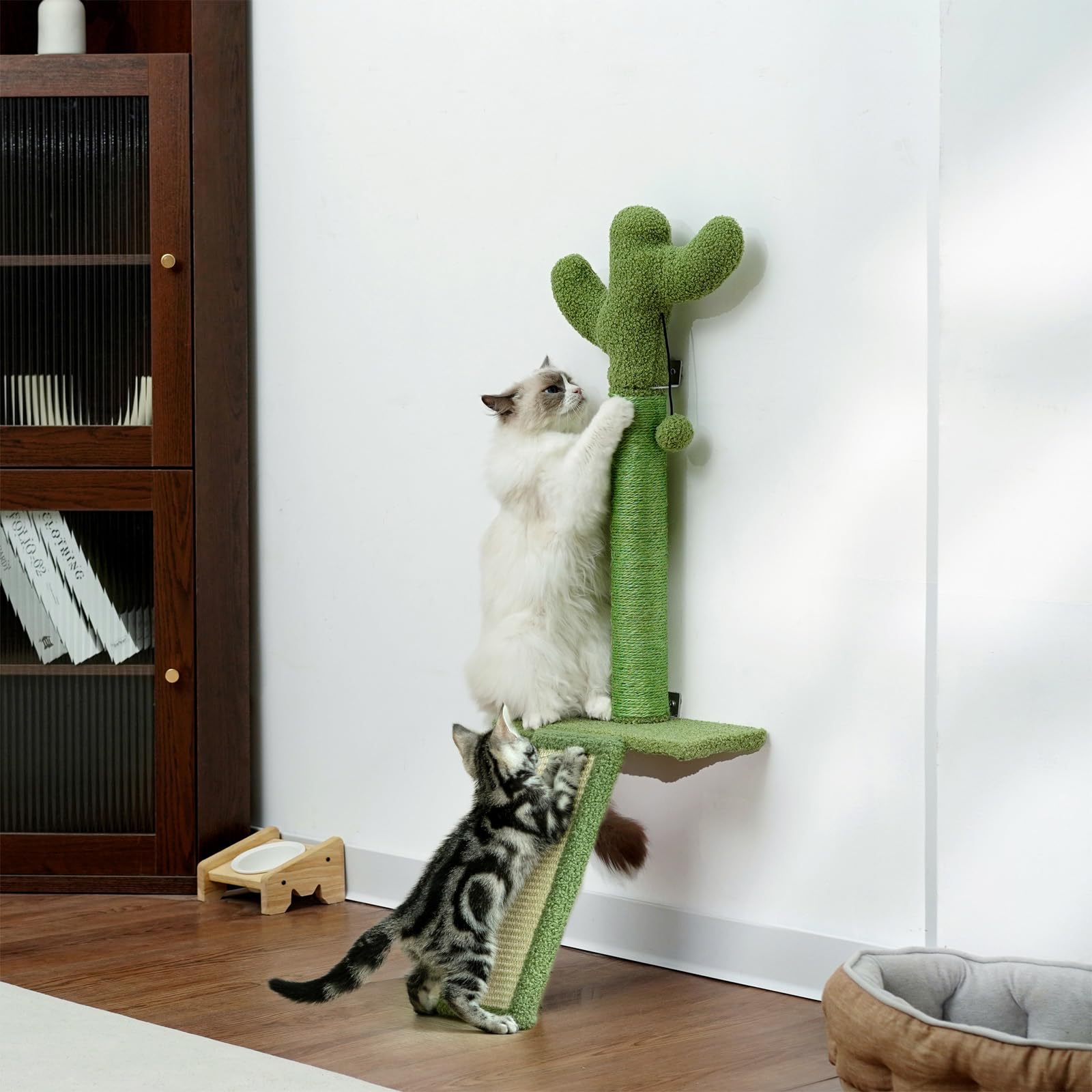 Wall Mounted Cat Scratcher with Jump Platform – Tall, Stable Cat Wall Furniture with Sisal Post for Climbing and Scratching – Cactus Design for Indoor Cats