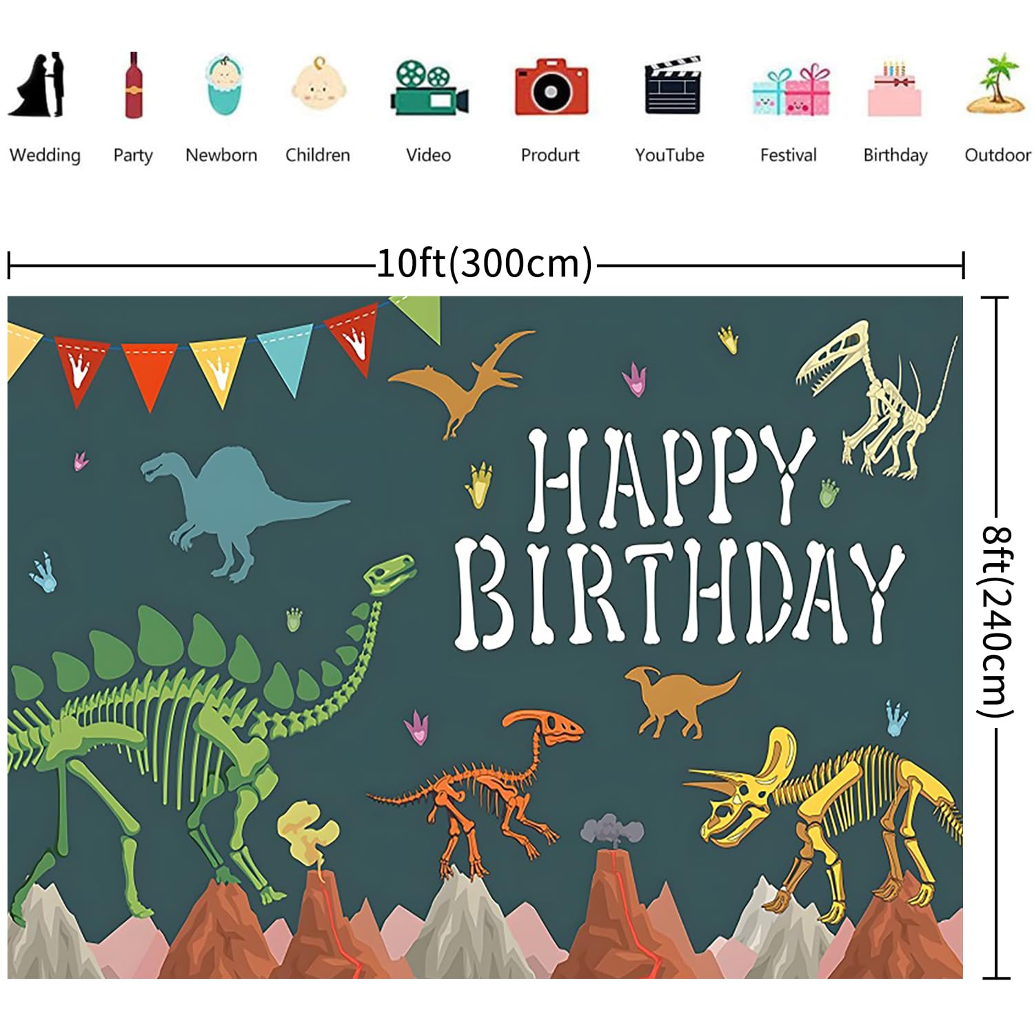 3x2.4m Sfondo Dinosauro Buon compleanno mondo dei dinosauri sfondo fotografico Baby Shower bambini ragazzi ragazze tema Dino decorazioni per feste di compleanno Banner Photo Booth Props