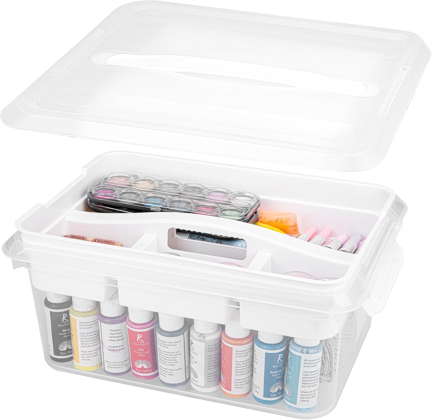 Craft Storage Box with Removable Tray, 20 QT Clear Plastic Organizer with Lids, White Playdoh Storage Containers for Crafts Supplies, Tools, Puzzles White 1 Packs