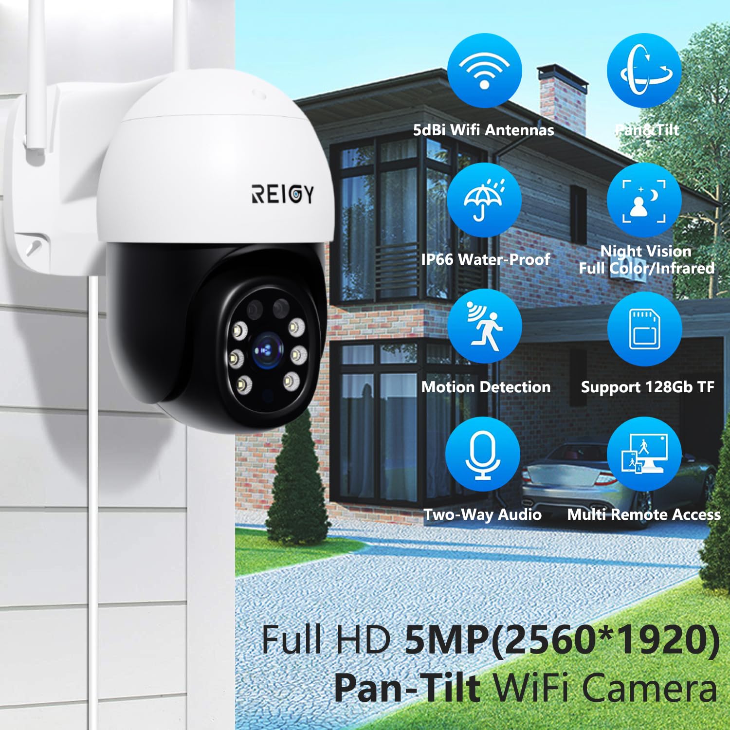 REIGY 5MP Cámara de Vigilancia WiFi Exterior 360°, Camara de Seguridad IP PT 2880*1620p, Visión Nocturna Infrarroja y Color, Audio Bidireccional, Detección de Movimiento Compatible con NVR iOS/Android