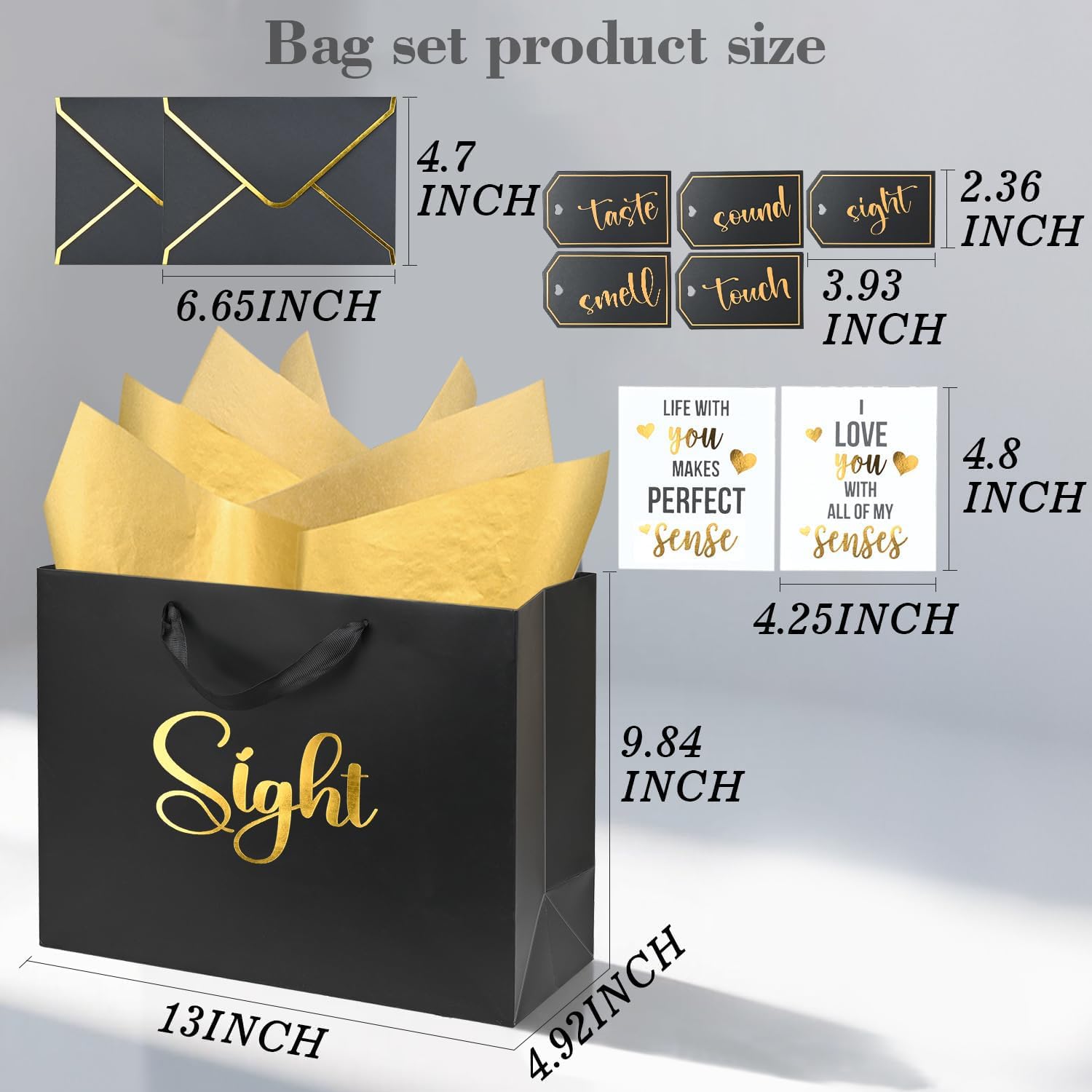5 Senses Gift Bags for Him Her with Labels Birthday Decorations, Gold Foil Five Senses Gift Bags with Handle Tissue Paper Balloon Envelopes Cards Rose Petals Party Decor 13" x 10" x 5" Inches (Black)