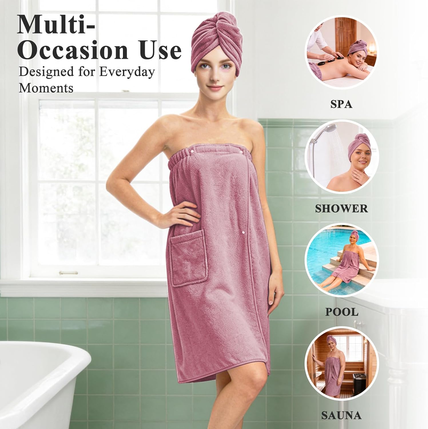 Women’s Adjustable Spa Wrap Towel Set, Microfiber Body Wrap Bathrobe with Matching Hair Towel, Super Absorbent & Quick Dry Shower Wrap for Home, Gym, Pool – Purple(Purple)