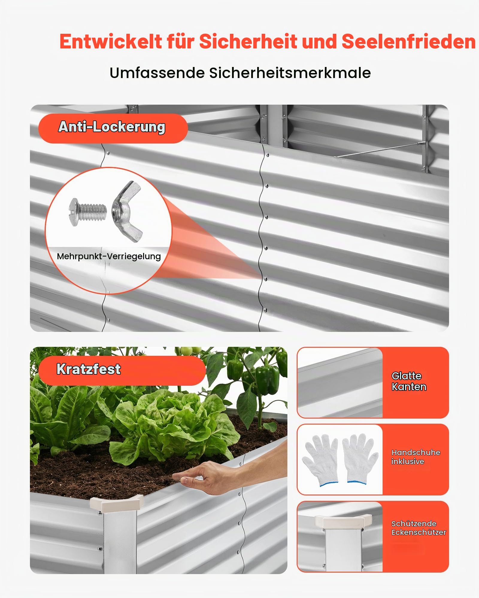 VEVOR Hochbeet Metall 2400x1200x860 mm, Rechteckiges Gartenbeet, Pflanzkasten-Set für den Außenbereich, Gemüsebeet mit Handschuhen, Blumenbeet Bodenlos, Pflanzbeet für Blumen & Gemüse, Silber