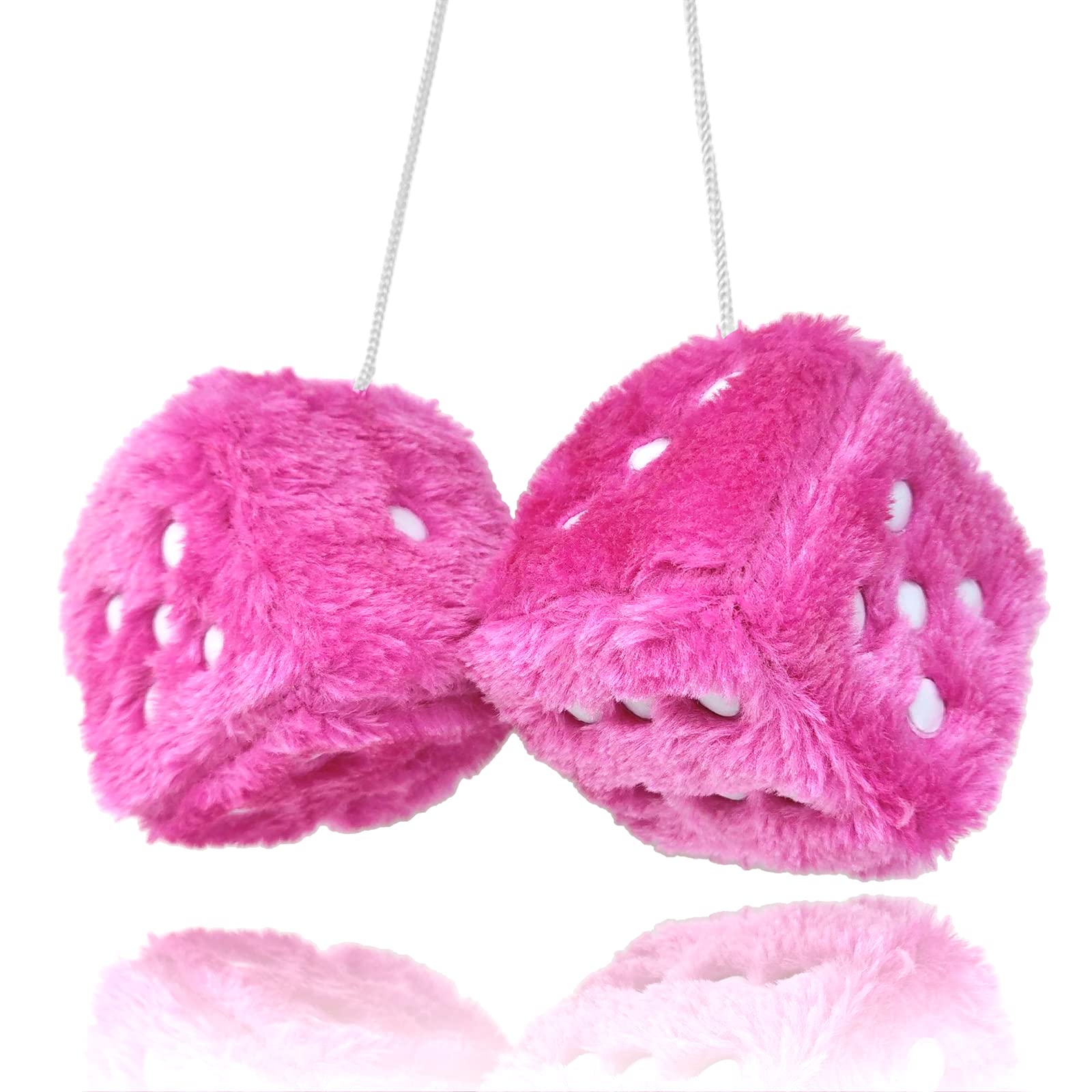 Pair 3” Pink with White Dots Mirror Fuzzy Plush Dice, Pink and Black Soft Plush Car Decorative Hanging Ornament.
