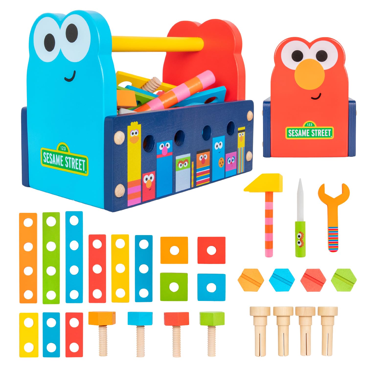 KIDS PREFERRED Sesame Street Wood Toolbox with Building Toys for Toddlers