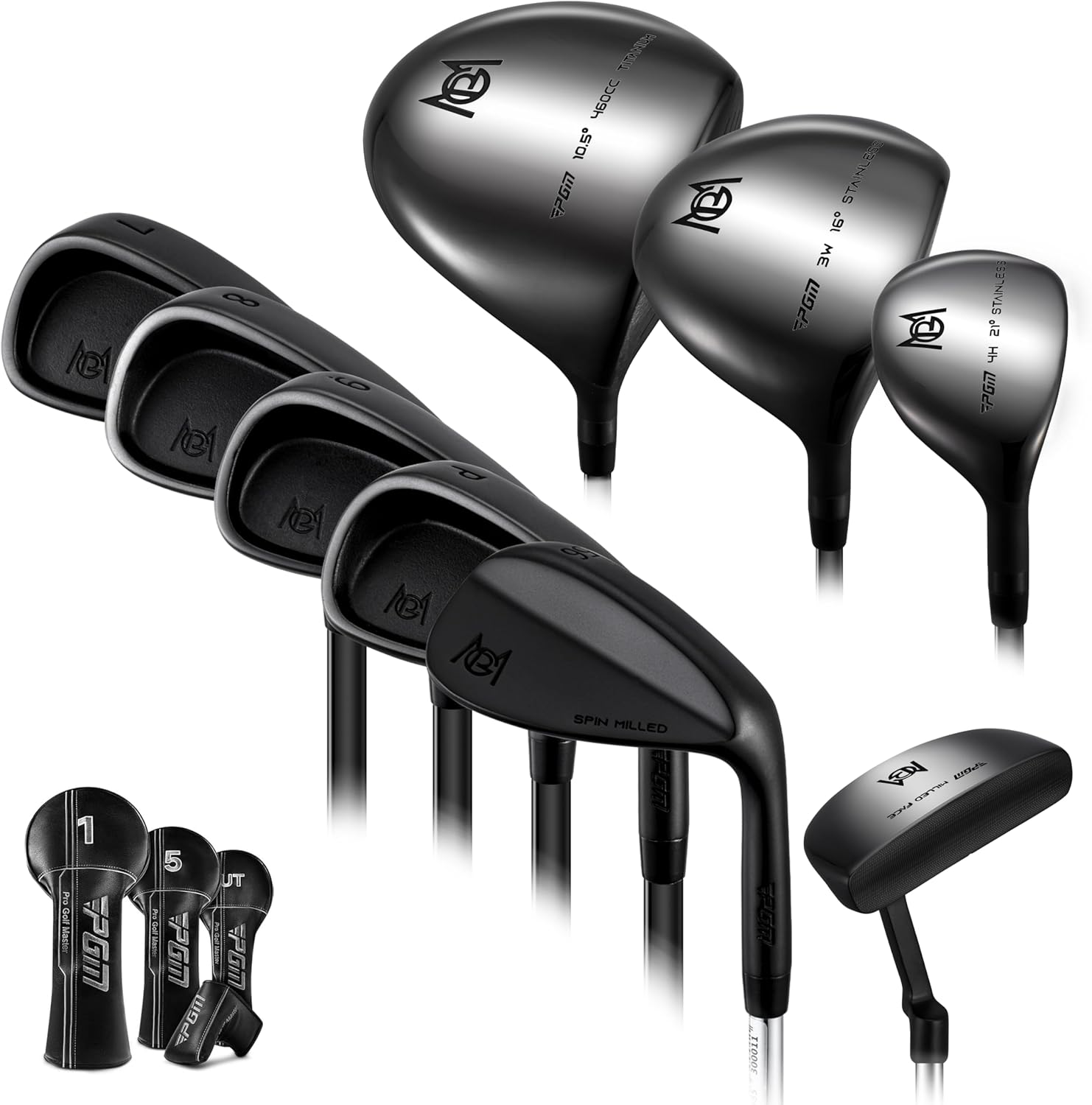 PGM 13 Piece Golf Club Set for Right Handed - Graphite Shafts - Ultra-Thin Face Titanium Driver, Forged Irons, Precision CNC Milled Putter (Without Golf Bag)