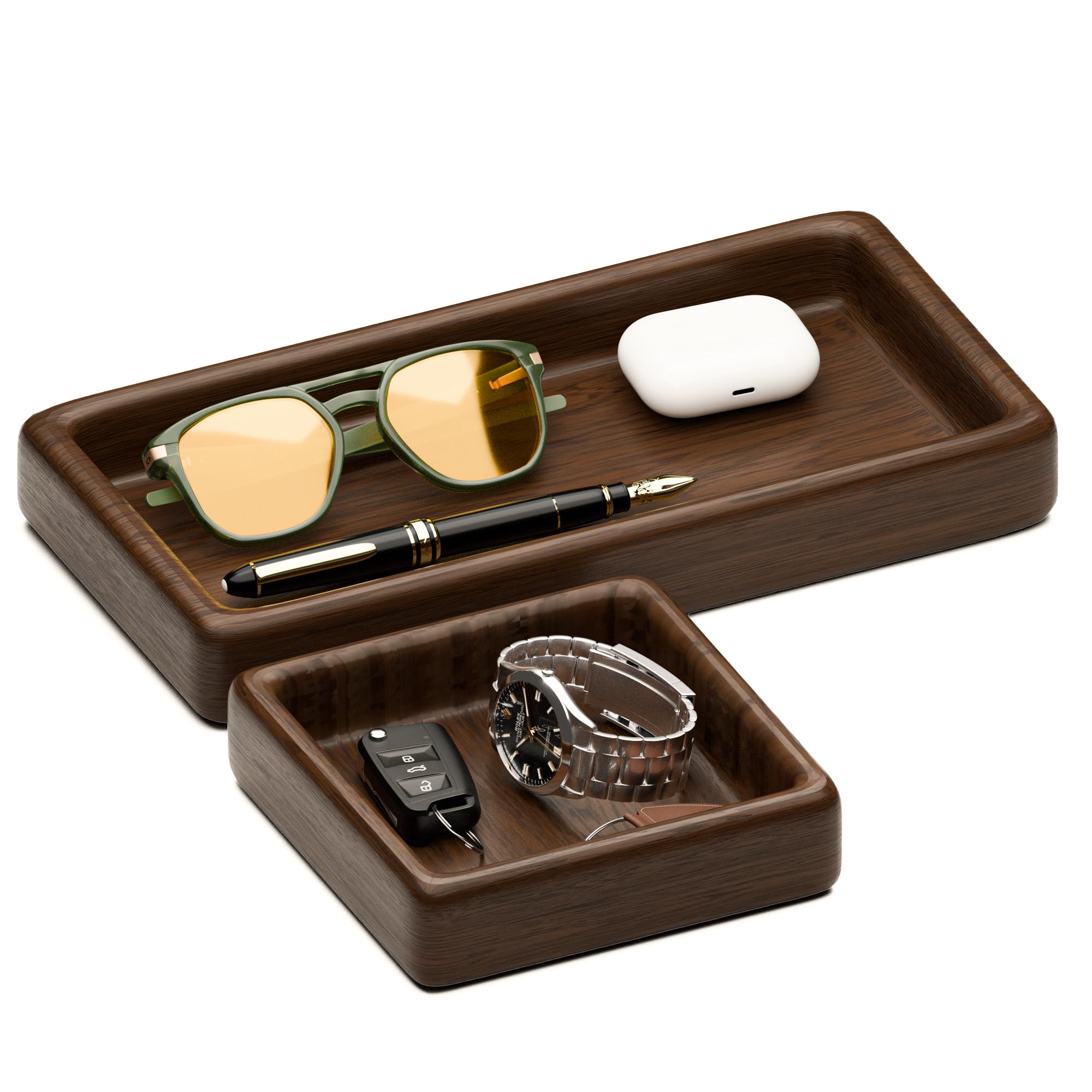 Northbound Goods Men's Natural Walnut Brown Walnut Wood Valet Tray Set For 2-Piece Edc Desk Organiser, Nightstand And Entryway Catchall For Keys, Wallet, Watch, Glasses, Gift For Him