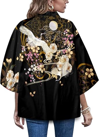 Womens Summer Cardigan Lightweight Kimono Floral Print Loose Cover up Casual Tops