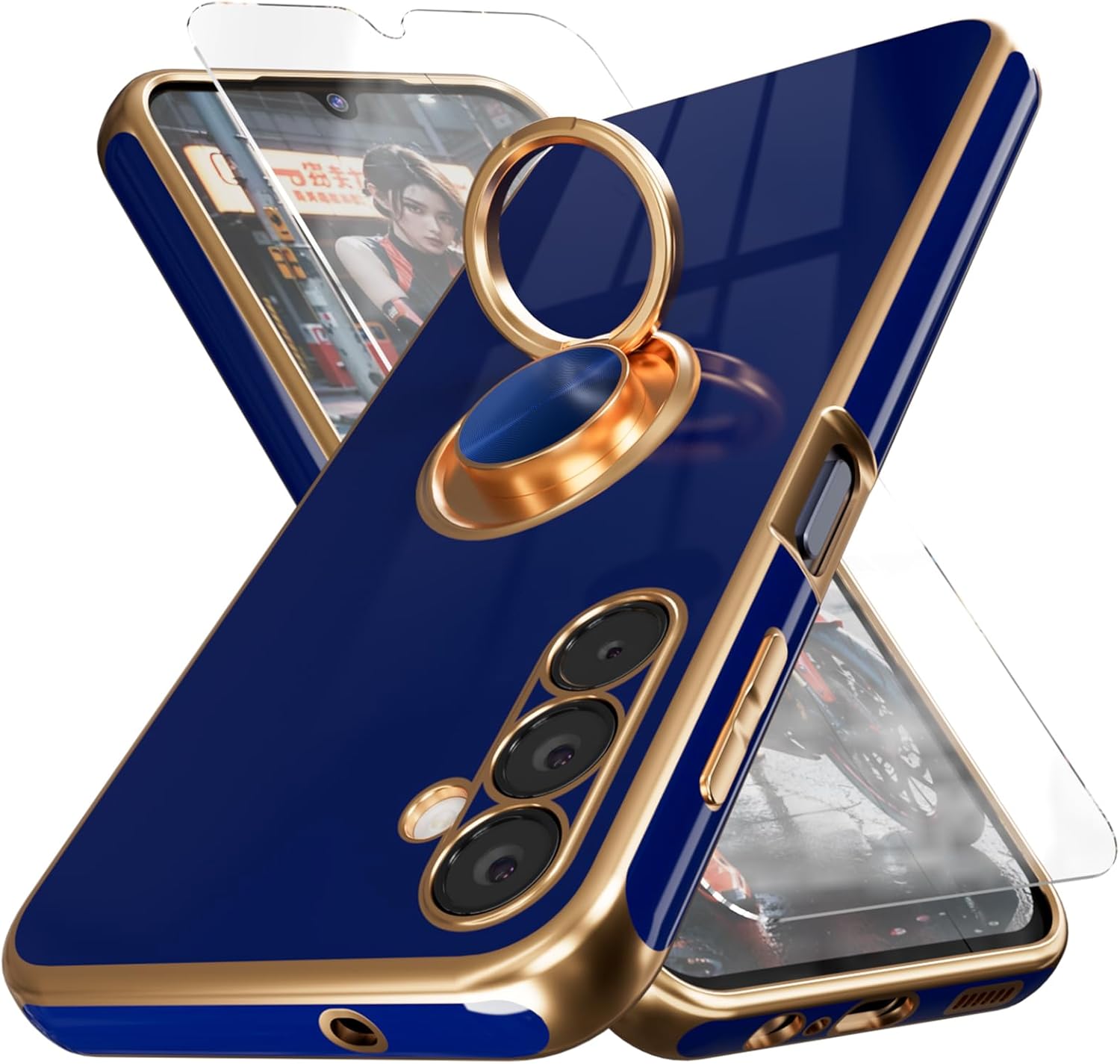 for Galaxy A14 5G Phone Case,+Screen Protector,with Magnetic Kickstand,Built-in 360° Rotation Ring Holder,Plating Gold Edge Slim Soft TPU Shockproof Protective Case for Samsung A14 5G, Blue for Galaxy A14 5G Phone Case,+Screen Protector,with Magnetic Kickstand,Built-in 360° Rotation Ring Holder,Plating Gold Edge Slim Soft TPU Shockproof Protective Case for Samsung A14 5G, Blue