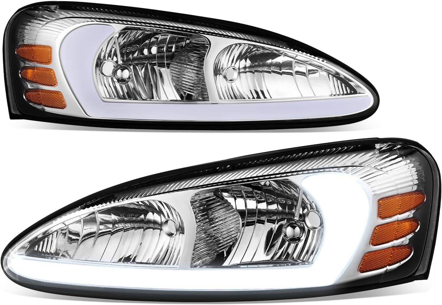 Auto Dynasty 3D LED Light Bar Parking Light Headlight Assembly Compatible with Pontiac Grand Prix 2004-2008, Driver and Passenger Side, Chrome Housing Amber Corner