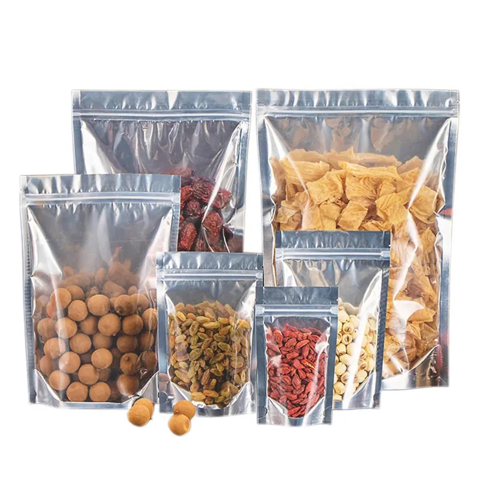 Bolsas de plástico con precinto, 50 bolsas de aluminio transparente con cierre hermético, bolsas de aluminio con cierre hermético, bolsas de plástico metálicas plateadas for alimentos, té y dulces.(30
