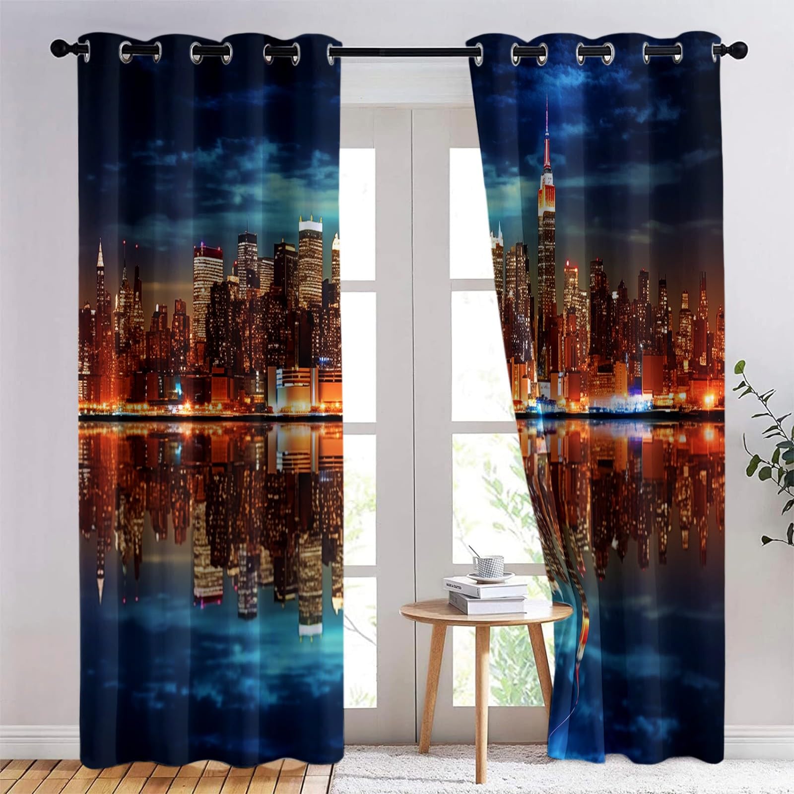 Niebieskie zasłony zaciemniające dla dzieci, 140 x 250 cm, fotografia miasto nocny nadruk blokujące światło zasłony termiczne, redukcja hałasu, łatwe do czyszczenia, idealne do pokoju dziecięcego