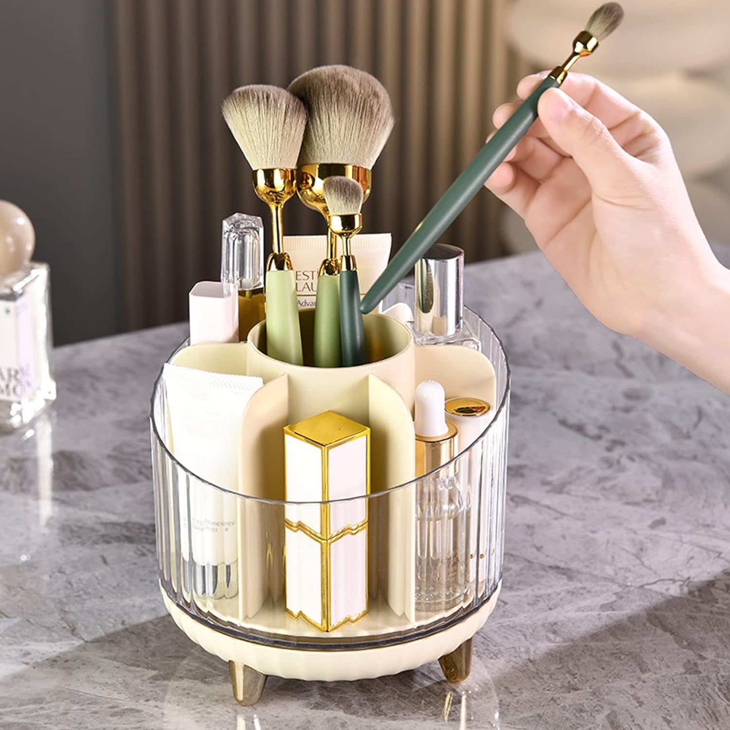Organizer do Makijażu Elegancki Obrotowy Uchwyt Na Pędzle Do Makijażu O 360° Organizer Szminki 6-miejscowy Biurko Przybory Długopis Kosmetyczny Eyeliner Pojemnik na Kosmetyki(C)