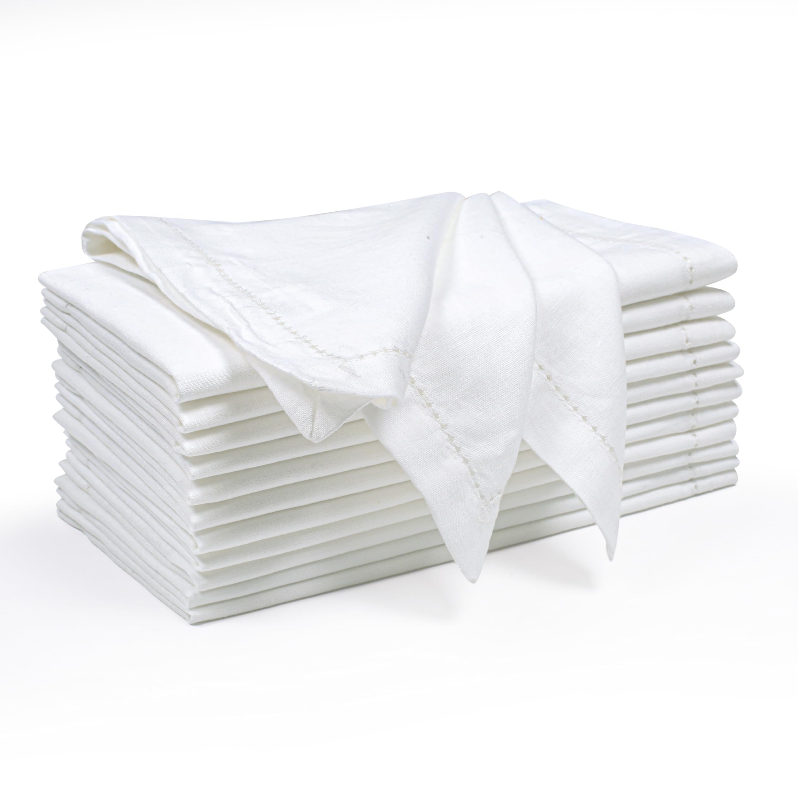 THE BEER VALLEY 12-Pack Hemstitched Dinner Napkins Oversized 20x20 - Cotton Fabric Tailored with Mitered Corner - Ideal for Events and Regular Use - White