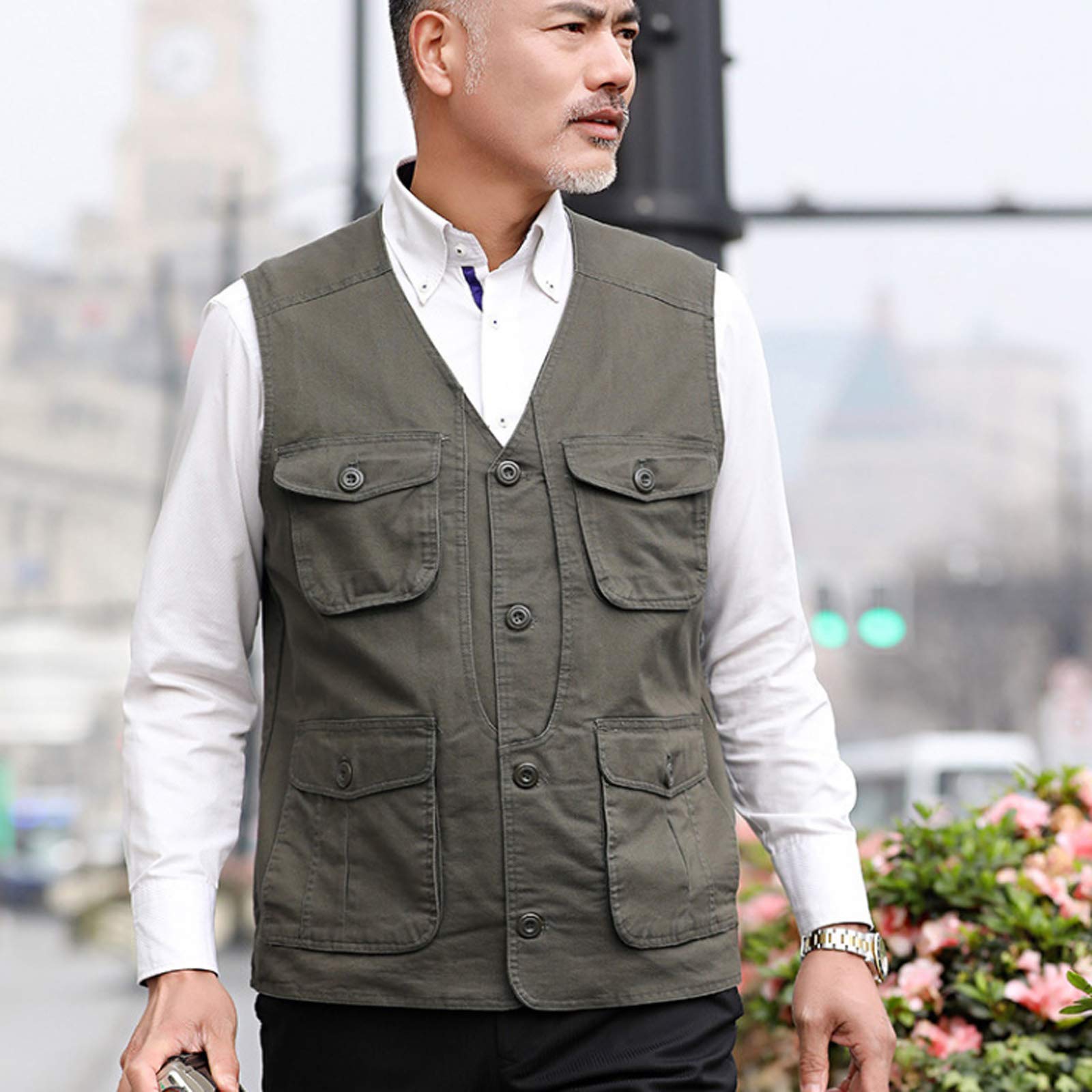 Chaleco de trabajo con múltiples bolsillos para hombre, chaleco de pesca al aire libre, chaleco de camping, ropa de abrigo sin mangas, para viajes, fotografía chaleco verde ejército-3XL