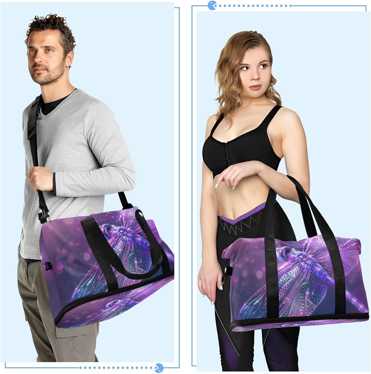 Weekender Bag for Women, Dragonfly Purple Sparkle Magical Gym Sports Duffle Travel Swim Tote with Toiletry Bag Shoes Compartment Dry/Wet Separation