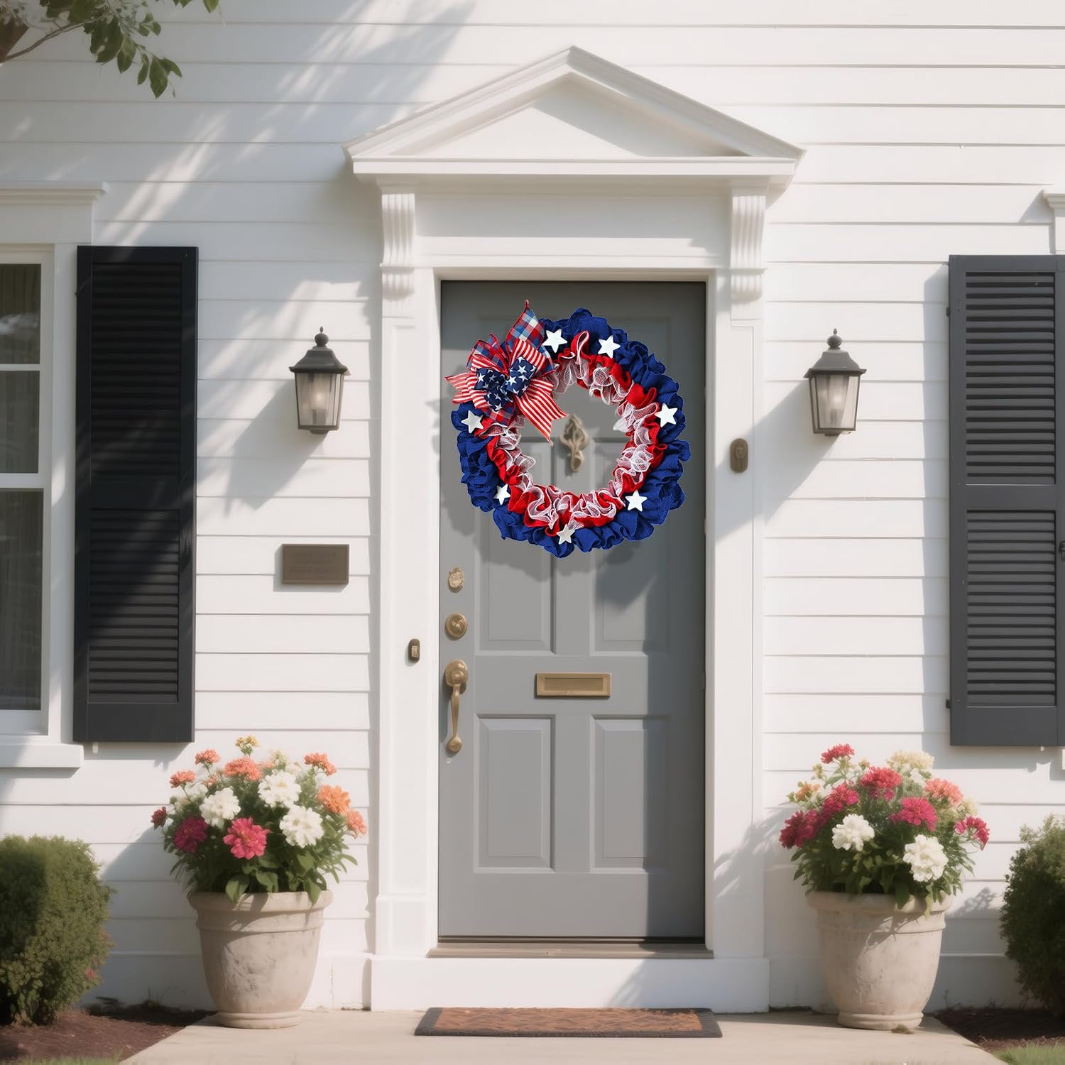 XKCL Patriotic Wreaths, 20 Inch Memorial Day Wreath, 4th of July American Flag Wreath for Front Door Decorations (Bule＆red)