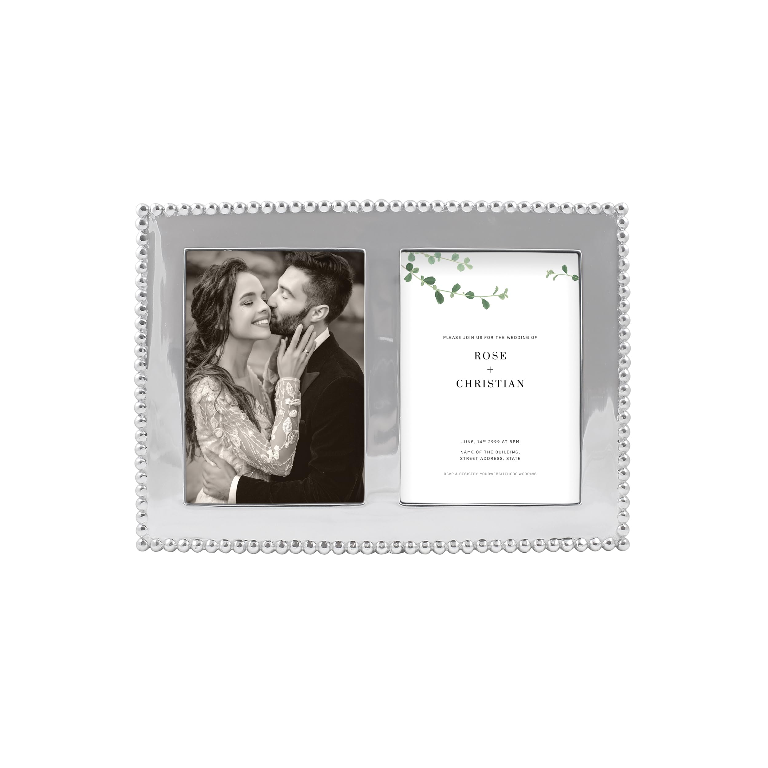 Mariposa Pearled 5X7 ENGRAVABLE Double Frame Silver