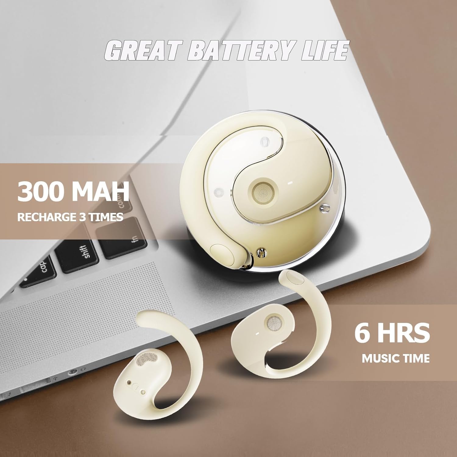 Xmenha AI Translation Earbuds charging case with earbuds, showing 300 mAh and 6 hours music time.