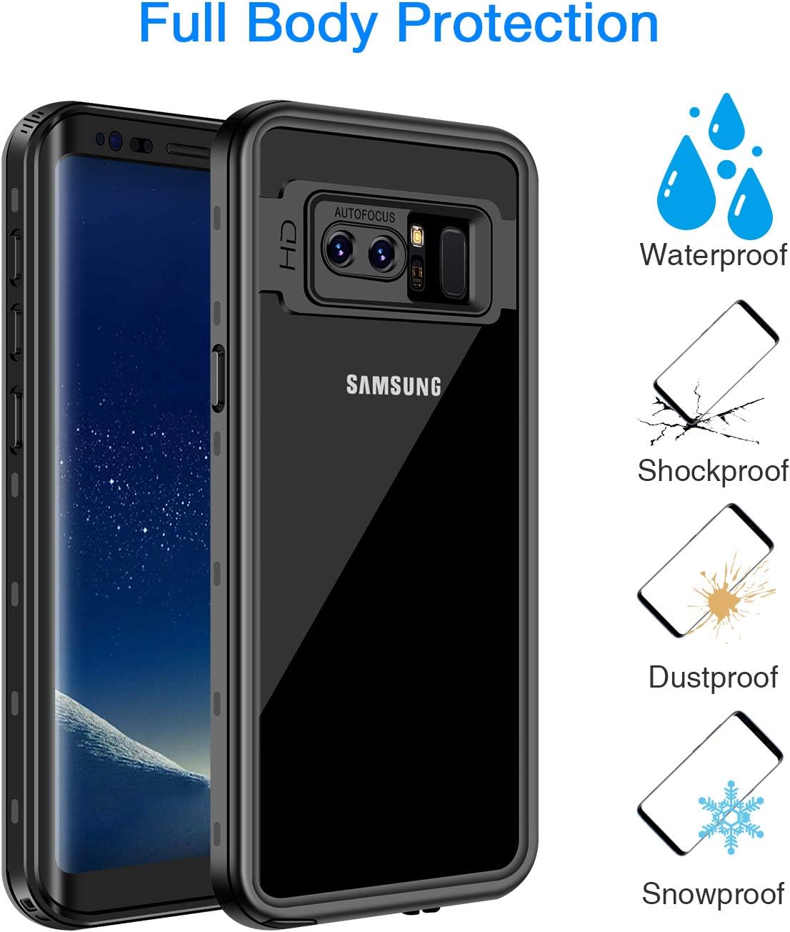 Waterproof Case for Galaxy Note 8, IP68 Waterproof Snowproof Shockproof and Dustproof Cover Case, Underwater Full Sealed Cover Case for Samsung Galaxy Note 8, 6.3 inch