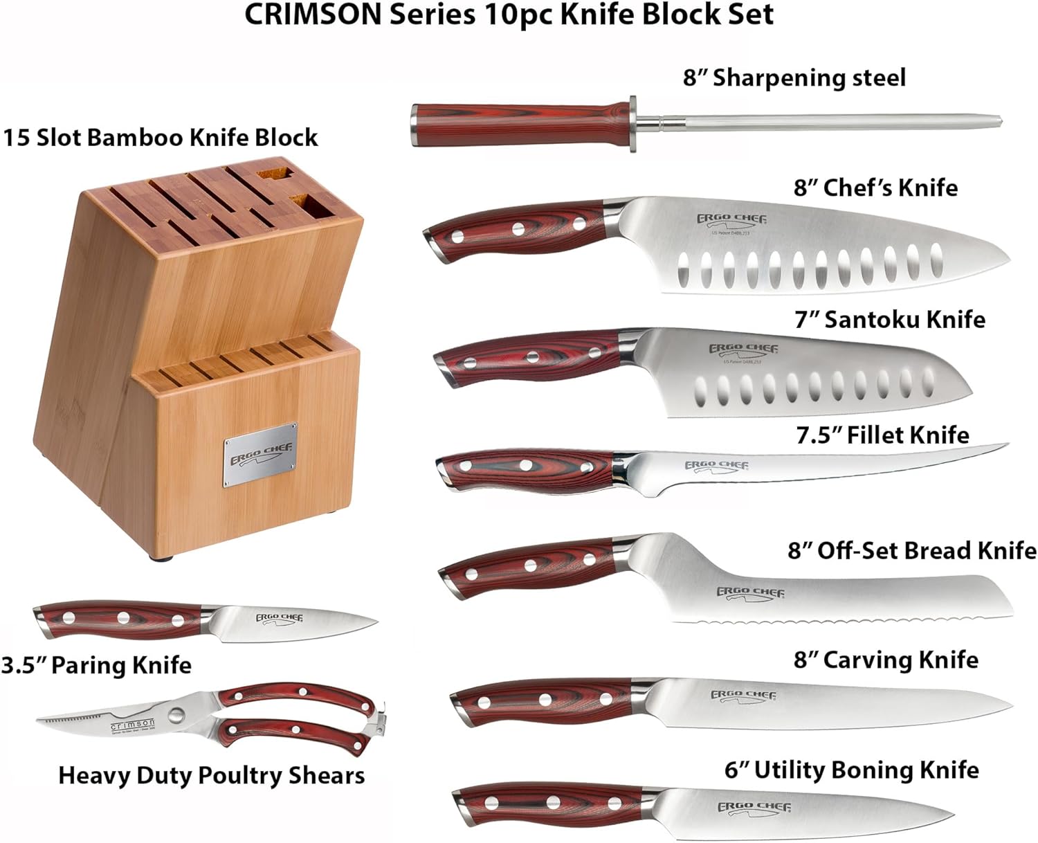 Ergo Chef CRIMSON Series Bamboo Block Knife Set Forged High Carbon X50CrMoV15 German Stainless-Steel, Full Tang, Durable G10 Handles (10pc. Block Set)
