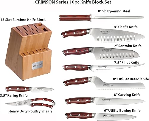 Miniatura 2 de Ergo Chef CRIMSON Series - Juego de cuchillos de bloque de bambú forjados de alto carbono X50CrMoV15, acero inoxidable alemán, espiga completa, asas
