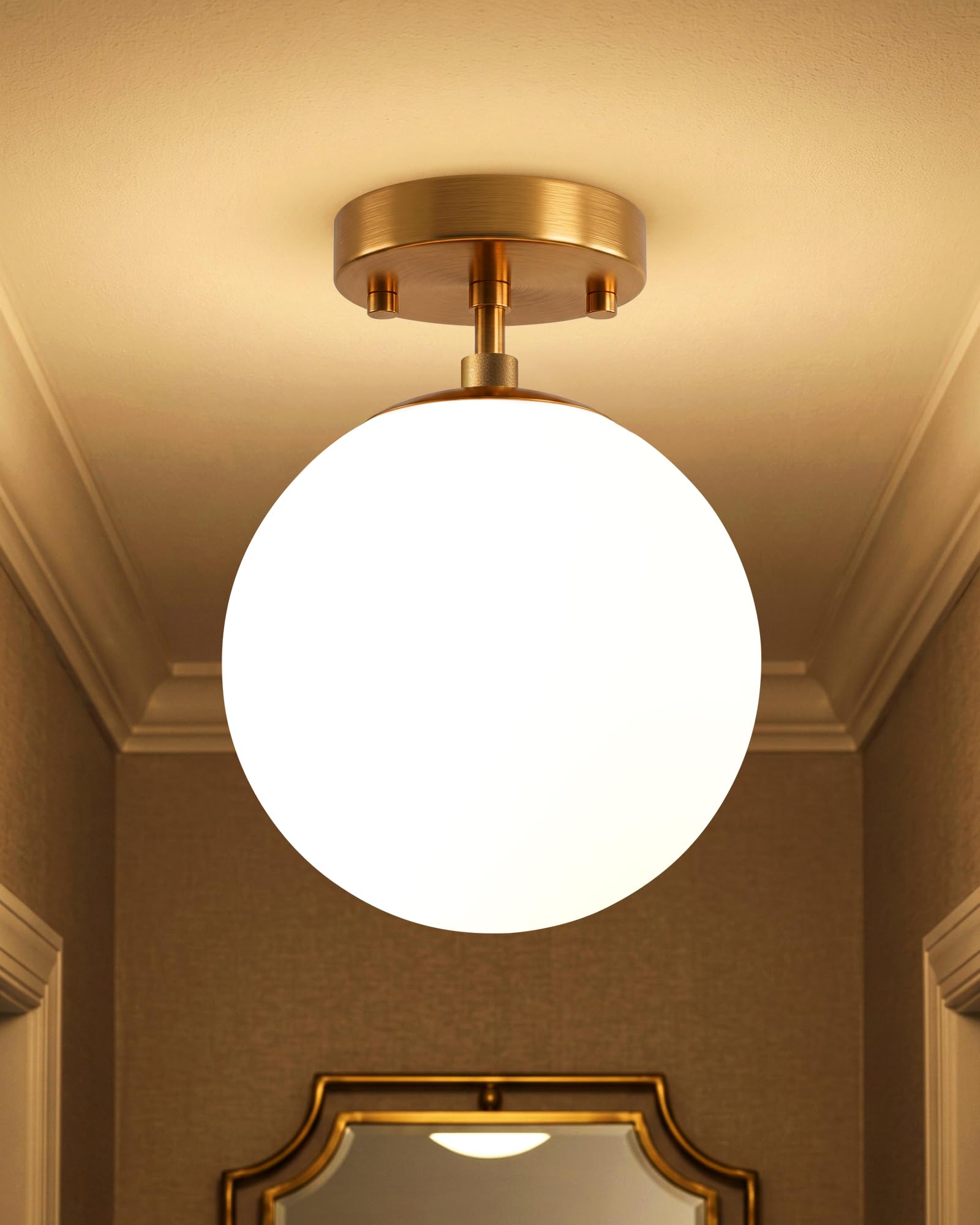 View 1 of [MISSING GLASS, JUST THE BASE] Majade Semi Flush Mount Ceiling Light 6" Globe Mid Century Modern Light Fixture Milk Glass with Gold Brass Finish Light Fixtures for Hallway Entryway Kitchen Island Closet Laundry Bathroom