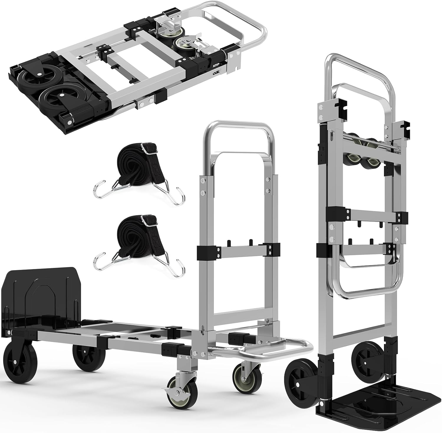 3 in 1 Heavy Duty Folding Hand Truck, Convertible Portable Steel Dolly with Telescopic Handle, Foldable Utility Cart with Rubber Wheels, 500 LBS