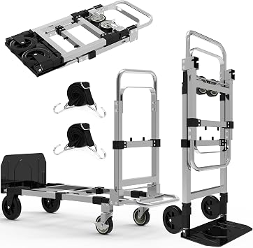 3 in 1 Heavy Duty Folding Hand Truck, Convertible Portable Steel Dolly with Telescopic Handle, Foldable Utility Cart with Rubber Wheels, 500 LBS