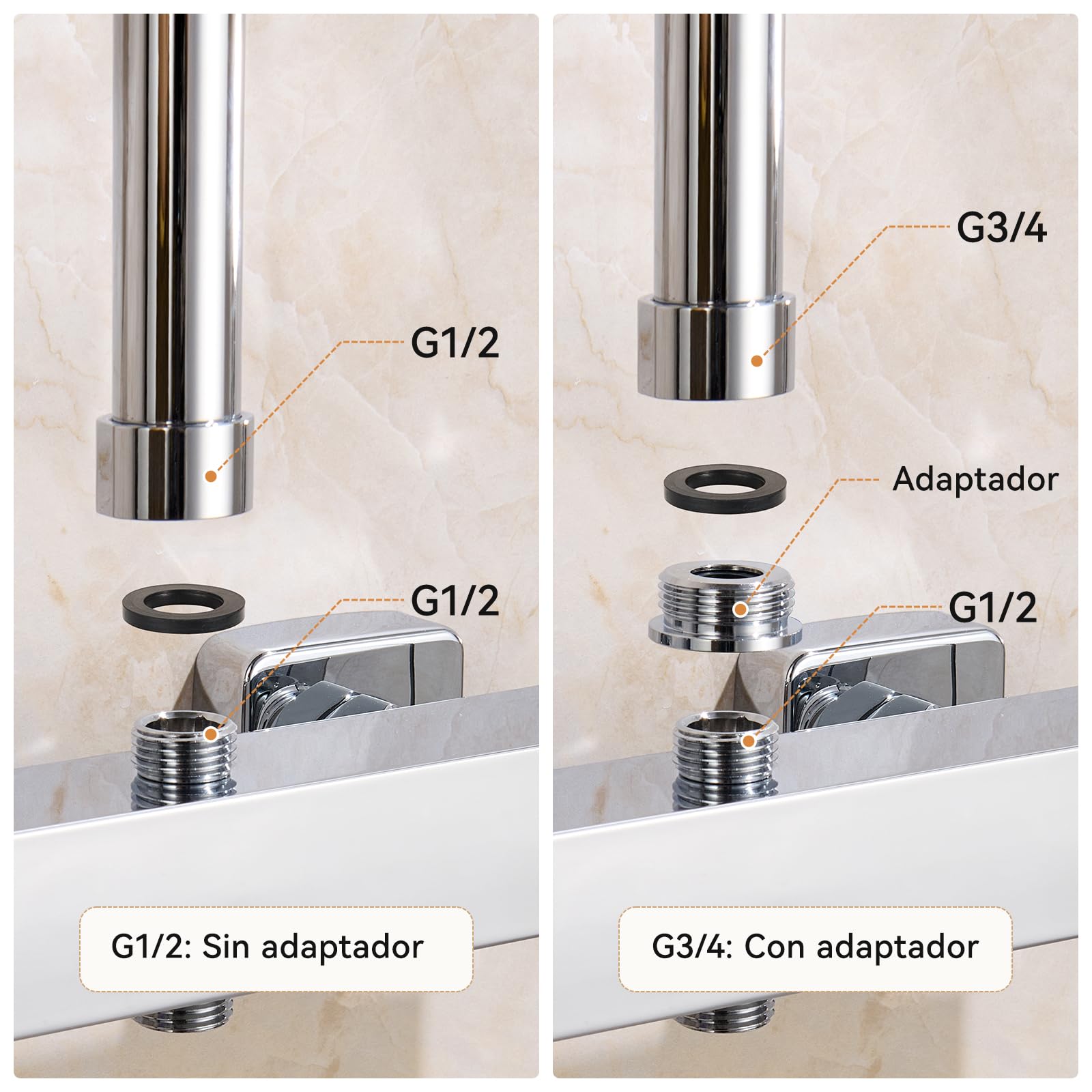Auralum Grifo Termostático Ducha y Bañera, Mezclador de Pared Cuerpo Frío Antiquemaduras con Botón 38°C, Grifería 2 Salidas G1/2'', Adaptador G3/4'', Ajustables 135-165mm, Repuesto Universal, Cromo