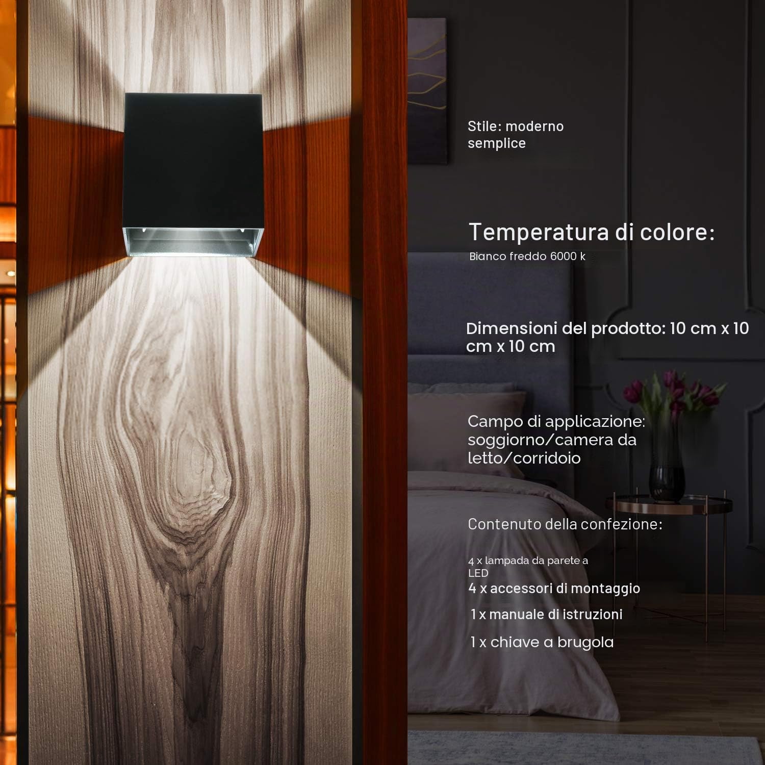 LEDMO 4 Pezzi LED Applique da Parete 12W Bianco freddo 6000K, Lampada da Parete Moderna Nera per interni ed esterni IP65 Impermeabile