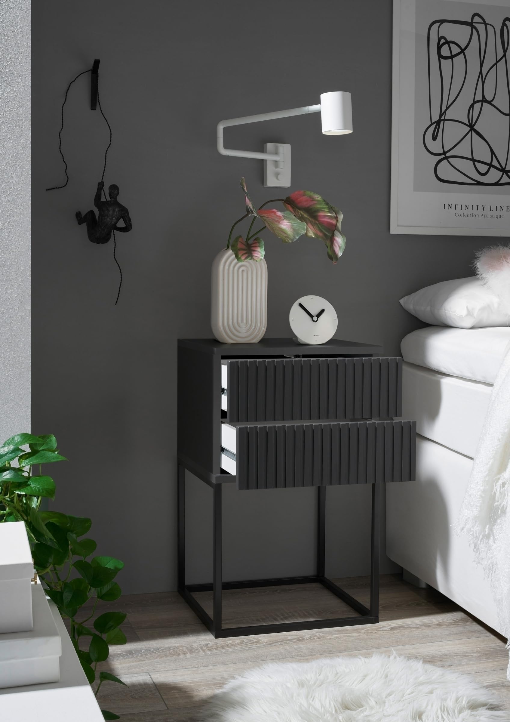AC Design Furniture Apollon Nachttisch Rund – Schwarz, Mit Schublade, Metall/Holz, 40x51 Cm