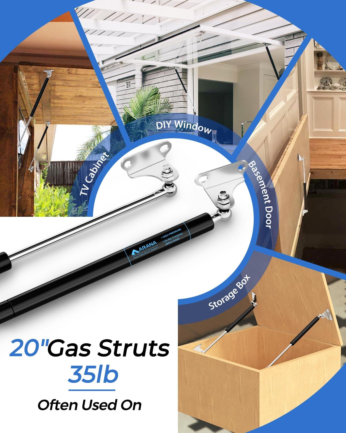 ARANA Gas Struts 20 inch 35lb with Brackets (2 Pack) - Light Duty Lift Support for Camper Door & Storage Box Lid - Hydraulic Spring Shocks for Cabinet Door, Bench Lid, Boat Hatch