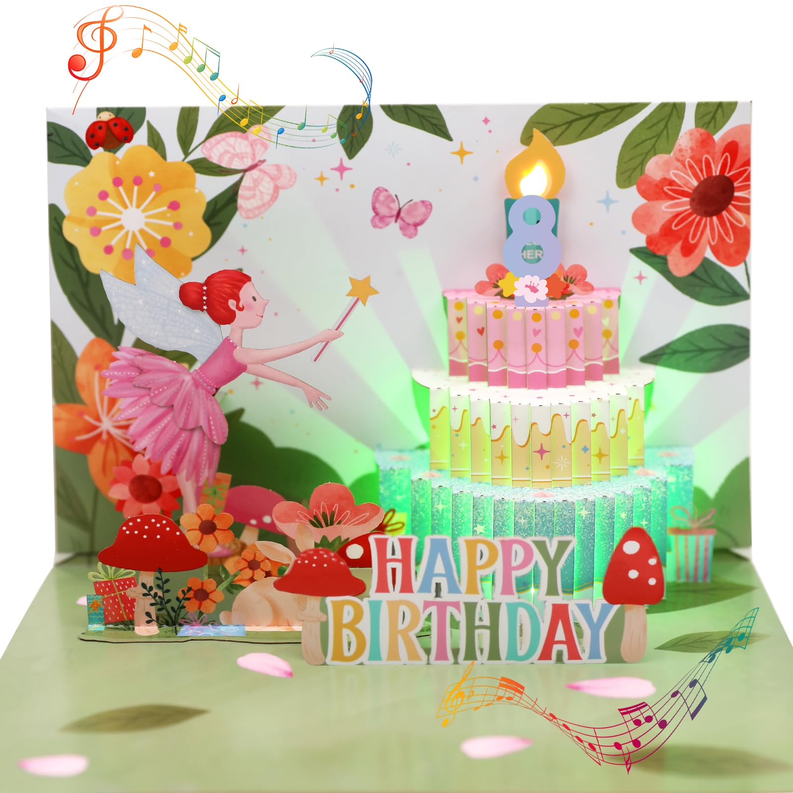 8th Birthday Card for Girls, Musical Birthday Cards for 8 Years Old Granddaughter Daughter Niece Baby Kids Girl, 3D Pop-up Fairy Birthday Card with Music & Light for 8 Year-old Girls
