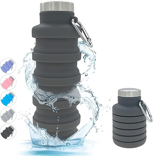 Miniatura 26 de YCT Botella de agua plegable 17oz (500ml), botella de agua portátil para viajes y deportes, botellas de agua plegables reutilizables de silicona